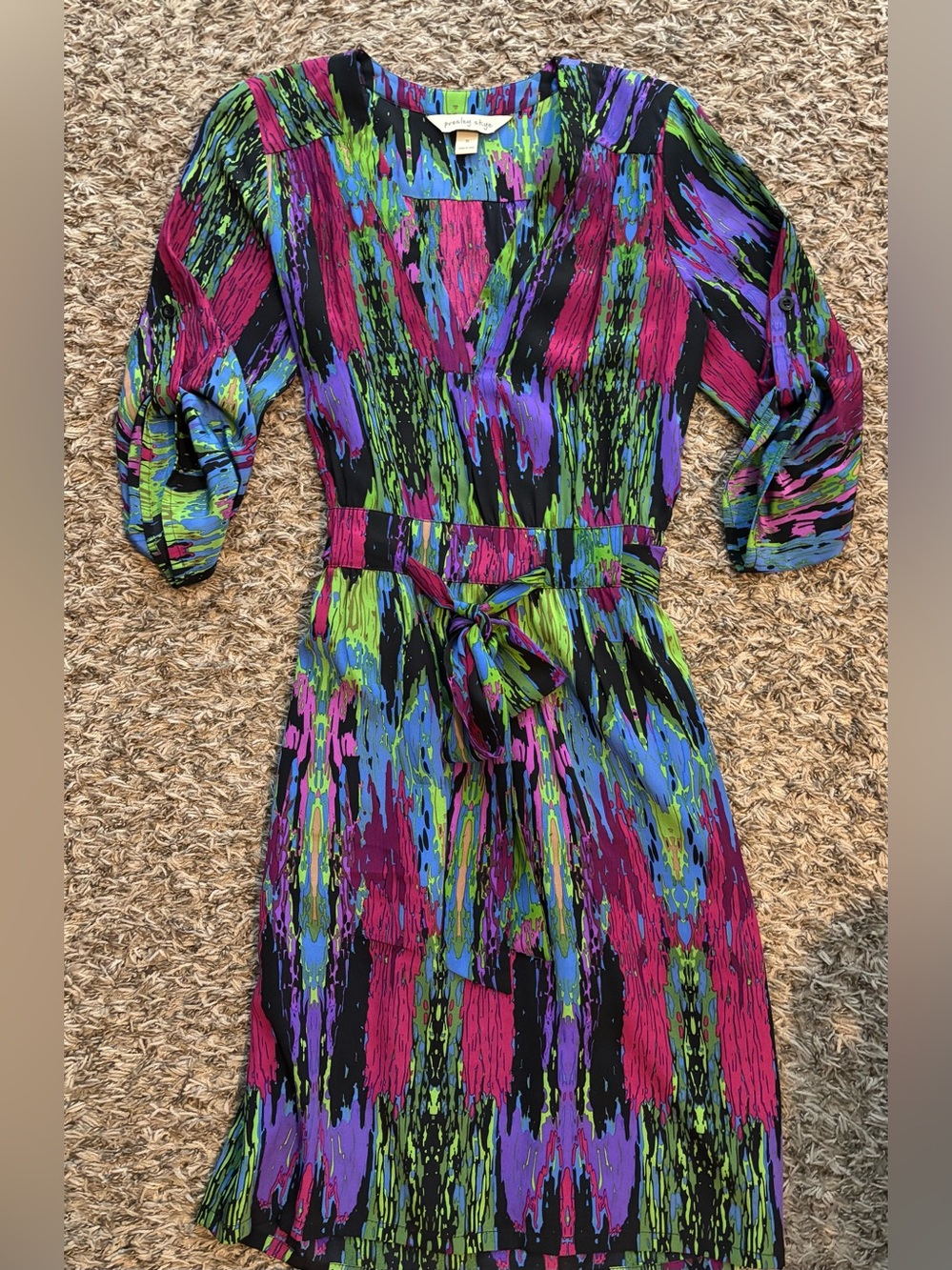 Presley Skye Multicolor V-Neck Midi Dress with Self-Tie Belt